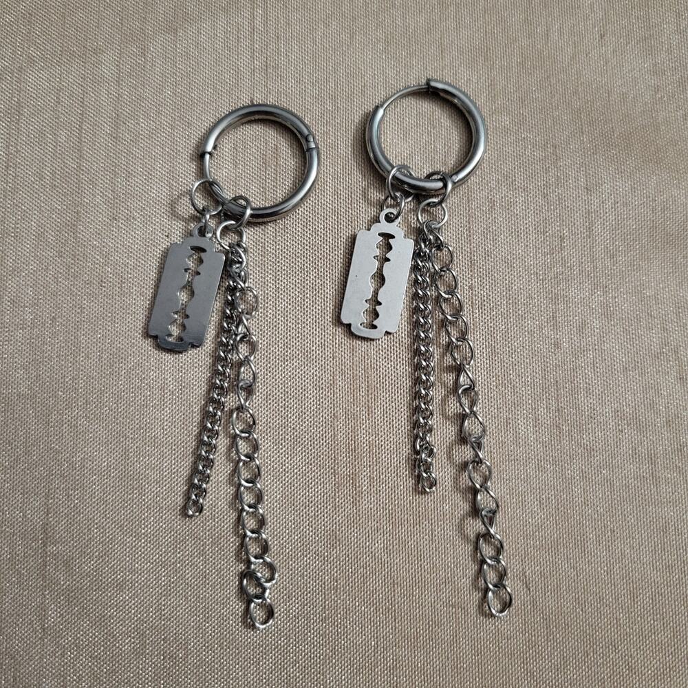 Silver razor blade and chain charm hoop gothic earrings